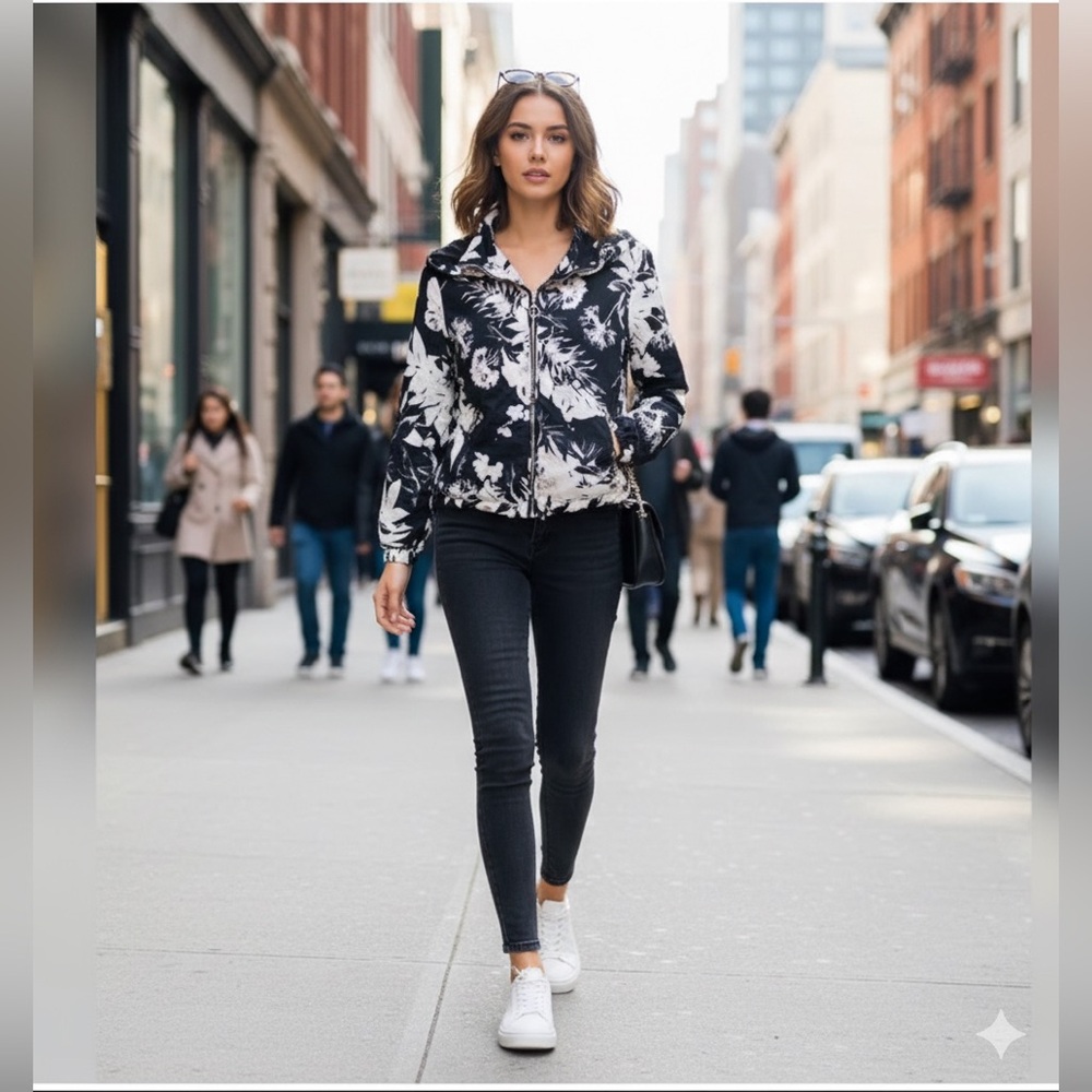 Ashley By 26 International Black and White Floral Bomber Jacket